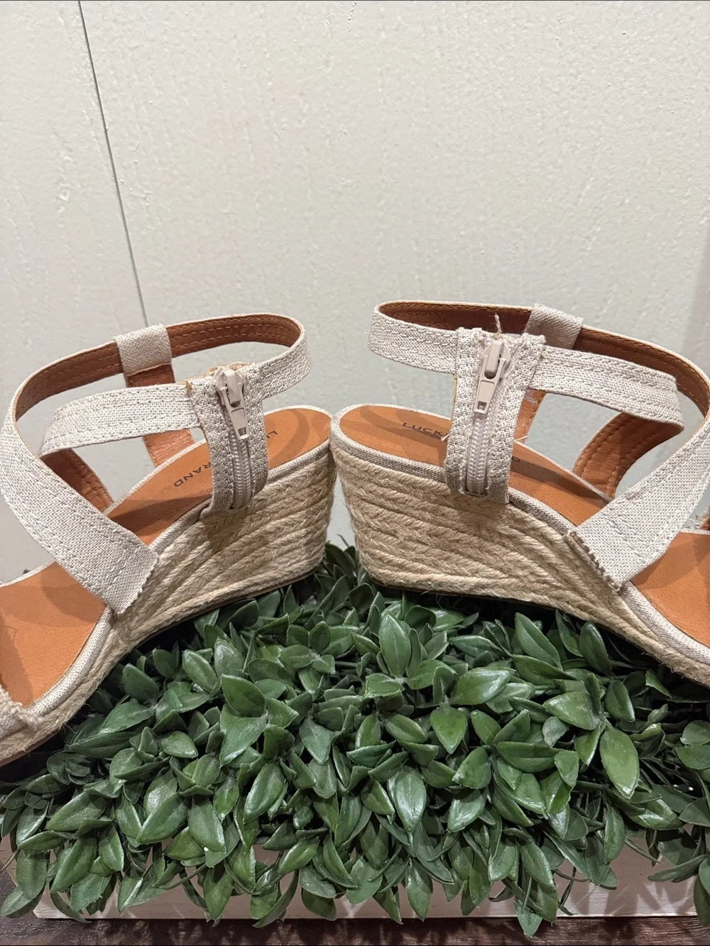 Lucky Brand Maeli Neutral Espadrille Wedge Sandal Rustic, Strappy Canvas Sz 10